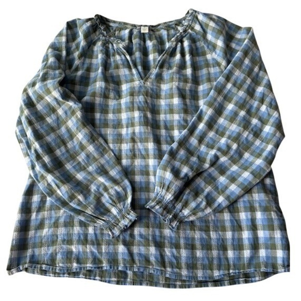 J Crew Reimagined Plaid Peasant Blouse Shirt Women's M Blue‎ Green Cotton